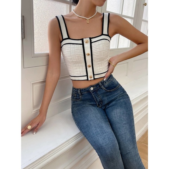 Plazacore preppy Contrast Trim Button Detail Crop Knit Top tan - Picture 6 of 11